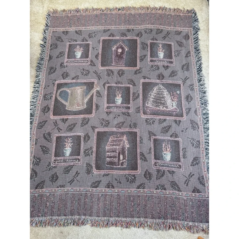 Vintage Pfaltzgraff Naturewood Woven Throw Blanket Afghan Birdhouse Garden 49x60